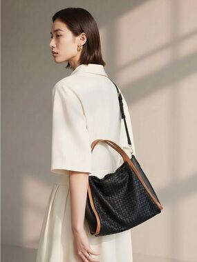 Giorgia Milani Black Leather Woven Shoulder Satchel Bag Brown Trim Made In Italy